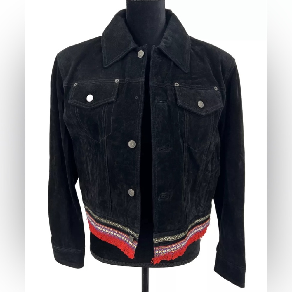 Wilson’s Leather Maxima Y2K Black Suede Jacket Coat With Embroidered Hem Size L